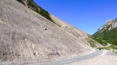 Dağ ve Alp Tepesi 'ndeki yollar dağlar ve kayalar yeşil tarlalarla kaplı manzaralar ormanlar köknar ağaçları ve Alpler' deki mavi gökyüzü Tyrol Avusturya.