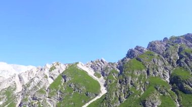 Yeşil tarlalı karayolu üzerindeki bir dağ manzarası dağlarının içinden geçen köknar ağaçları tepeler ve Alpler 'deki mavi gökyüzü Tyrol Avusturya.