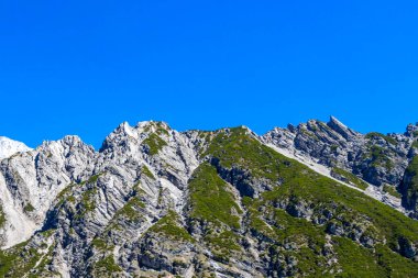 Dağ ve Alp Tepesi manzara dağları ve kayalar yeşil tarlaları olan manzaralar daha az orman ve köknar ağaçları Alpler Imst Tyrol Avusturya 'da kayalık doğa ve mavi gökyüzü.