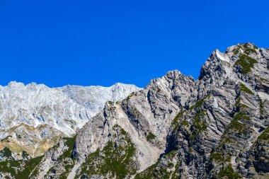 Dağ ve Alp Tepesi manzara dağları ve kayalar yeşil tarlaları olan manzaralar daha az orman ve köknar ağaçları Alpler Imst Tyrol Avusturya 'da kayalık doğa ve mavi gökyüzü.