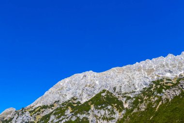 Dağ ve Alp Tepesi manzara dağları ve kayalar yeşil tarlaları olan manzaralar daha az orman ve köknar ağaçları Alpler Imst Tyrol Avusturya 'da kayalık doğa ve mavi gökyüzü.