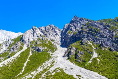 Yaz mevsiminde dağların zirvesinden düşen tehlikeli kayalar ve taş çığ Alplerdeki mavi gökyüzü Tyrol Avusturya.
