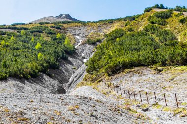 Dağ ve Alp tepeleri manzara dağları ve kayalar yeşil tarlalar ormanlar köknar ağaçları doğa ve mavi gökyüzü Alp Imst Tyrol Avusturya.