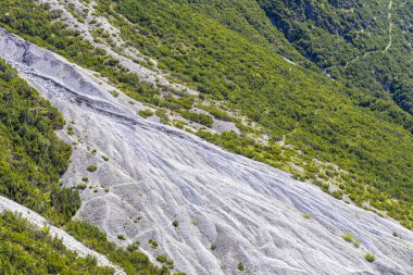 Yaz mevsiminde dağların zirvesinden düşen tehlikeli kayalar ve taş çığ Alplerdeki mavi gökyüzü Tyrol Avusturya.