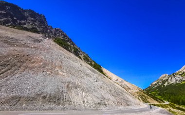 Dağ ve Alp Tepesi 'ndeki yollar dağlar ve kayalar yeşil tarlalarla kaplı manzaralar ormanlar köknar ağaçları ve Alpler' deki mavi gökyüzü Tyrol Avusturya.