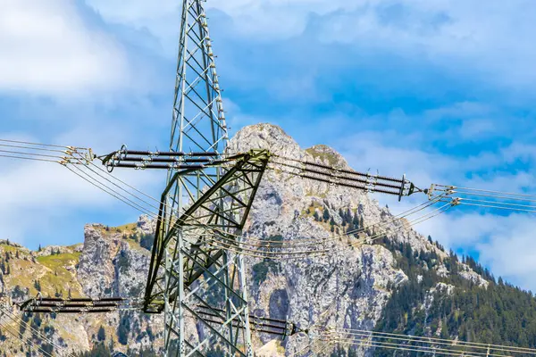 Saeugling dağı ve Alp tepesi zirvesi manzara dağları ve kayalar yeşil tarlalı panorama köknar ağaçları doğa ve mavi gökyüzü Alpler 'de Reutte Tyrol Avusturya.