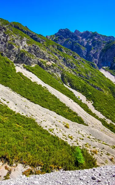 Yaz mevsiminde dağların zirvesinden düşen tehlikeli kayalar ve taş çığ Alplerdeki mavi gökyüzü Tyrol Avusturya.