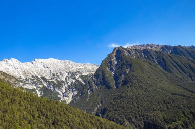 Dağ ve Alp tepeleri manzara dağları ve kayalar yeşil tarlalar ormanlar köknar ağaçları doğa ve mavi gökyüzü Alp Imst Tyrol Avusturya.