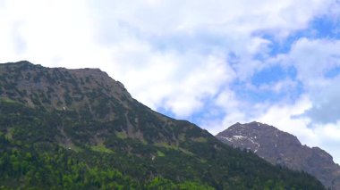 Dağ ve Alp Tepesi manzara dağları ve kayalar yeşil tarlalarla manzara manzarası çam ağaçları doğa ve Alpler 'deki bulutlu mavi gökyüzü Tyrol Avusturya.