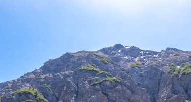 Dağ ve Alp Tepesi manzara dağları ve kayalar yeşil tarlaları olan manzaralar daha az orman ve köknar ağaçları Alpler Imst Tyrol Avusturya 'da kayalık doğa ve mavi gökyüzü.