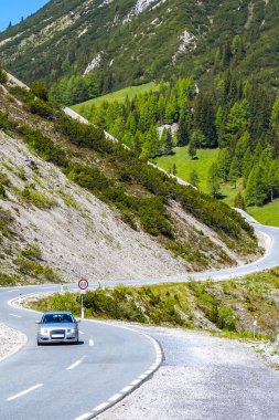 Dağ ve Alp Tepesi 'ndeki yollar dağlar ve kayalar yeşil tarlalarla kaplı manzaralar ormanlar köknar ağaçları ve Alpler' deki mavi gökyüzü Tyrol Avusturya.