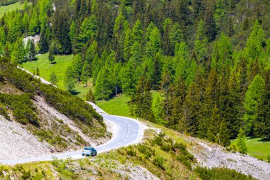 Dağ ve Alp Tepesi 'ndeki yollar dağlar ve kayalar yeşil tarlalarla kaplı manzaralar ormanlar köknar ağaçları ve Alpler' deki mavi gökyüzü Tyrol Avusturya.