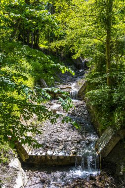Turkuaz mavi ve yeşil nehir buharı ve taşlı şelale hanı. Çimen ağaçları ve Alpler 'deki dağ manzarası. Uçamayan Landeck Tyrol Avusturya..