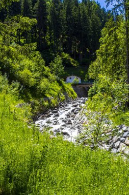 Turkuaz mavi ve yeşil nehir buharı ve taşlı şelale hanı. Çimen ağaçları ve Alpler 'deki dağ manzarası. Uçamayan Landeck Tyrol Avusturya..