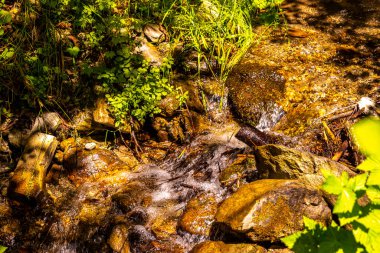 Turkuaz mavi ve yeşil nehir buharı ve taşlı şelale hanı. Çimen ağaçları ve Alpler 'deki dağ manzarası. Uçamayan Landeck Tyrol Avusturya..