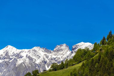 Dağ ve Alp tepeleri dağları, kayalar ve tepeler, Lechtal Alpleri, yeşil çayır köyü ormanı, kar ve mavi gökyüzü, Fliess Landeck Tyrol Avusturya 'da..