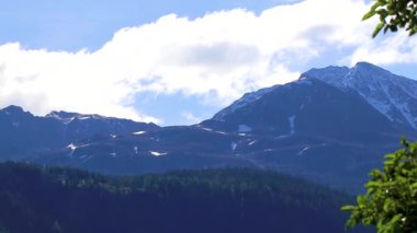 Dağ ve Alp Tepesi dağları kayalar ve tepeler kar yeşili tarlaları orman doğası ve Alplerde mavi gökyüzü Alpler Uçan Landeck Tyrol Avusturya.