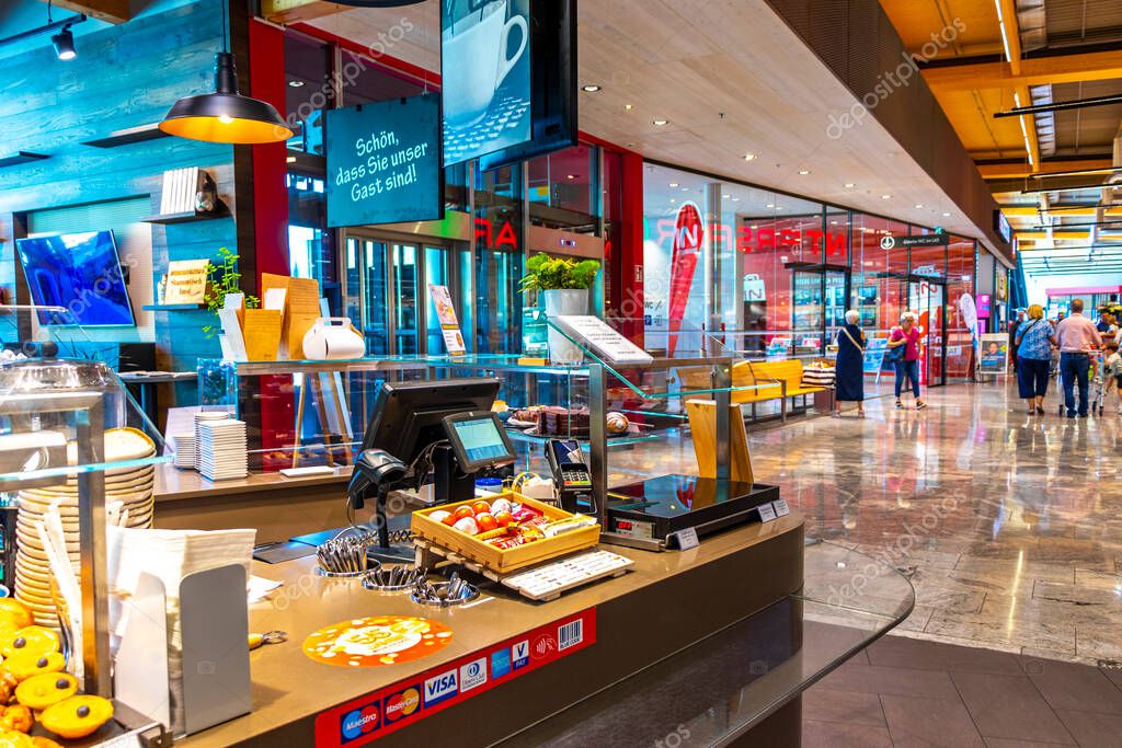 Imst Tyrol Austria 31. May 2025 Interspar supermarket inside interior entrance in the Alps Imst Tyrol Austria.