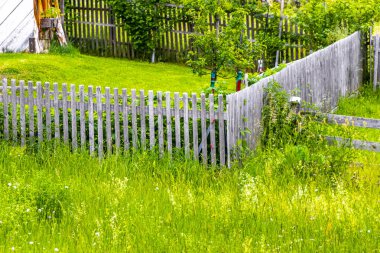 Alplerdeki bahçe çiftliğinde çiçekli çitlerle ve çitlerle çevrili dağlık çayır Alpsiz Landeck Tyrol Avusturya.
