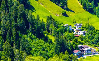Dağ ve Alp Tepesi manzara dağları ve tepe manzarası Nesselgarten Köyü orman kulübeleri caddeleri turkuaz nehir hanı ve Avusturya 'daki yeşil tarlalar.