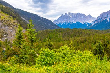 Almanların en büyük dağ manzarası Zugspitze dağ manzarası orman tepeleri, kar bulutları ve Alpler 'deki dağlar Biberwier Reutte Tyrol Avusturya.