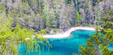 Turkuaz mavisi, Blindsee Gölü nehir ormanı tepeleri ve dağları Alpler 'deki Zugspitze dağlarının en büyük manzarası Biberwier Reutte Tyrol Avusturya' daki Zugspitze dağı..