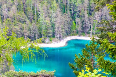 Turkuaz mavisi, Blindsee Gölü nehir ormanı tepeleri ve dağları Alpler 'deki Zugspitze dağlarının en büyük manzarası Biberwier Reutte Tyrol Avusturya' daki Zugspitze dağı..