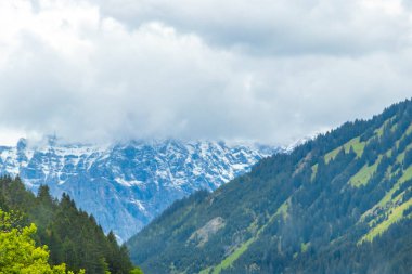 Almanların en büyük dağ manzarası Zugspitze dağ manzarası orman tepeleri, kar bulutları ve Alpler 'deki dağlar Biberwier Reutte Tyrol Avusturya.