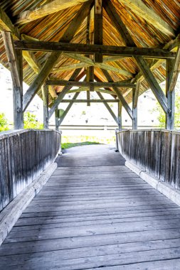 Alplerde nehir buharı ve şelale hanının üzerindeki tahta köprü mimarisi Alpsiz Landeck Tyrol Avusturya.