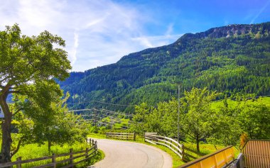 Dağ ve Alp Dağları 'ndaki patika caddeleri kayalar ve tepeler yeşil çayır çayırları Fliess Landeck Tyrol Avusturya' daki köy orman evleri.