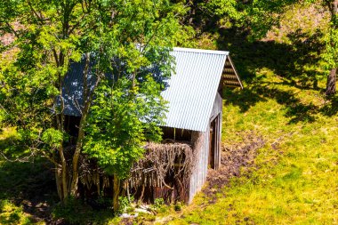 Dağ ve Alp Tepesi manzara dağları ve tepeler Alpler 'in panoramasını tarla ormanı ve Fliess Landeck Austria' daki küçük ahşap kulübe evleri ile birlikte..
