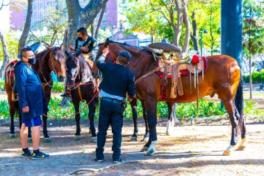 Centro Historico Mexico City 14 numara. Şubat 2021 Meksika polis parkı korucuları Centro Historico Mexico City 'de at üstünde.