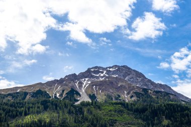 Zugspitze 'deki Marienberg dağının panoramik manzarası yeşil orman tepeleri ve dağlarıyla Alpler Biberwier Reutte Tyrol Avusturya.