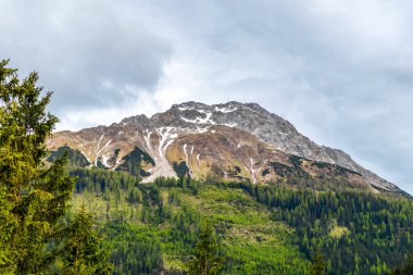 Zugspitze 'deki Marienberg dağının panoramik manzarası yeşil orman tepeleri ve dağlarıyla Alpler Biberwier Reutte Tyrol Avusturya.