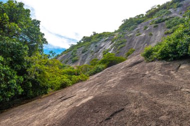 Rio de Janeiro Eyaleti Rio de Janeiro Brezilya 'da Dağ Dağları Tepeleri Kayalıkları Yağmur Ormanı ve Mavi Bulutlu Gökyüzü Manzarası.