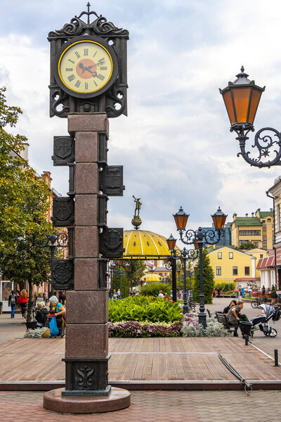 Brest Brest Region Belarus 26. September 2020 Typical Belarussian Tourist street and park with clock tower art people building restaurants stores and shops in Leninskiy Rayon Brest Belarus.
