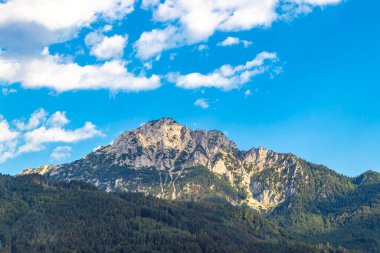 Avusturya 'nın doğu Alpleri' nde dağ ve dağlık arazi dağları ve kayaların zirveleri yeşil tarlalar, orman köknar ağaçları, doğa ve mavi gökyüzü..