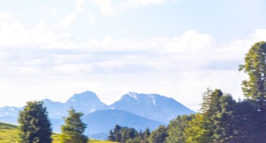 Avusturya 'nın doğu Alpleri' nde dağ ve dağlık arazi dağları ve kayaların zirveleri yeşil tarlalar, orman köknar ağaçları, doğa ve mavi gökyüzü..