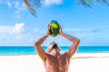 Playa del Carmen Quintana Roo Meksika sahilinde hindistan cevizi içen bir adam..