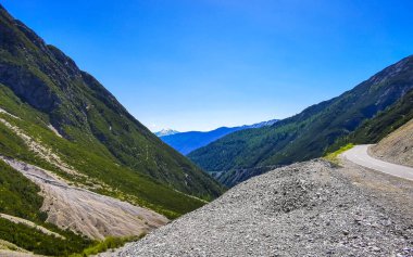 Dağ ve Alp tepeleri manzara dağları ve kayalar yeşil tarlalar ormanlar köknar ağaçları doğa ve mavi gökyüzü Alp Imst Tyrol Avusturya.