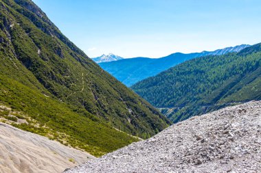 Dağ ve Alp tepeleri manzara dağları ve kayalar yeşil tarlalar ormanlar köknar ağaçları doğa ve mavi gökyüzü Alp Imst Tyrol Avusturya.