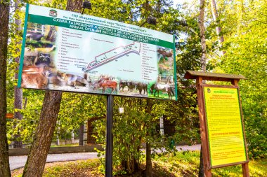 Kamyanyet İlçe Brest Bölgesi Belarus 25. Eylül 2020 Bielaviezskaja Pusca Ulusal Park Bialowieza Ormanı Belarus Bölgesi 'nde turist bilgilendirme panosu park haritası işareti.