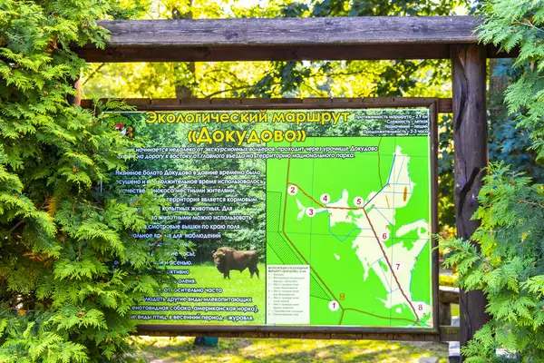Kamyanyet İlçe Brest Bölgesi Belarus 25. Eylül 2020 Bielaviezskaja Pusca Ulusal Park Bialowieza Ormanı Belarus Bölgesi 'nde turist bilgilendirme panosu park haritası işareti.