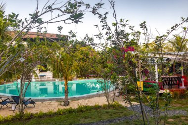 Thalang Bölgesi Phuket Eyaleti Tayland 13. Şubat 2020, Güney Tayland 'daki Phuket Adası, Güney Tayland' daki Mai Khao Thalang 'da havuz ağacı ormanları ve kulübeleri olan doğal tropikal otel..