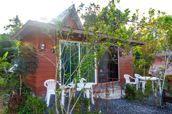 Thalang District Phuket Province Thailand 13. February 2020 Natural tropical resort hotel with palm trees jungle bungalows and huts in Mai Khao Thalang on Phuket island Thailand in Southeastasia Asia.