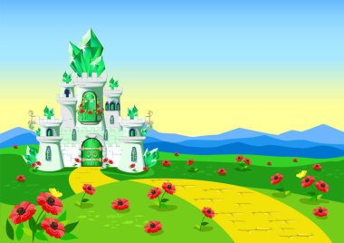 Zümrüt şehir ve sarı tuğlalı yol peri masalı gibi. Zümrüt bir kalenin vektör çizimi.