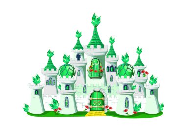 Emerald princess castle with green crystals, towers and green gates. Vector illustration of a fairy tale castle on a white background. clipart