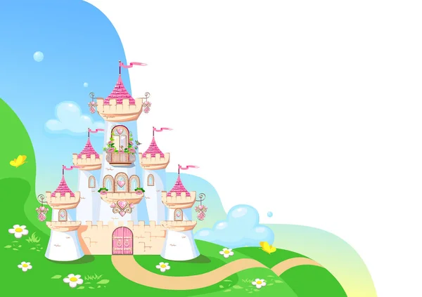 Сказочный Фон Замком Принцессы Лесу Замок Розовыми Флагами Драгоценными Сердцами — стоковый вектор
