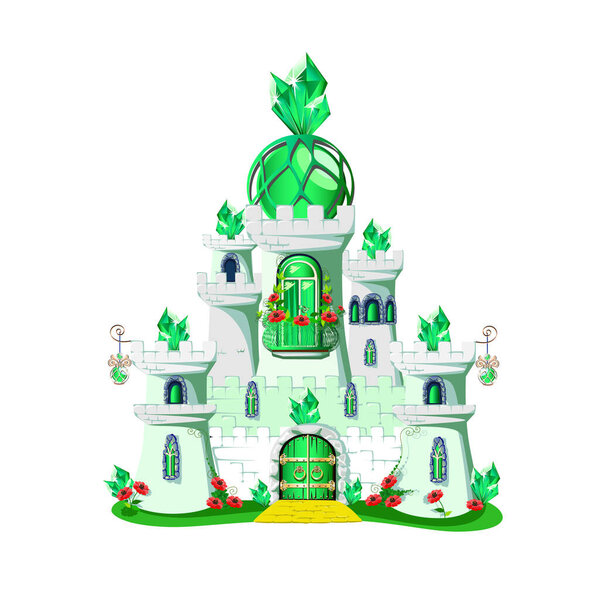 Emerald princess castle with green crystals, towers and green gates. Vector illustration of a fairy tale castle on a white background.