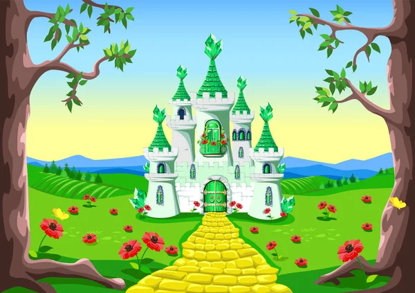 翡翠城和黄砖路上的童话背景 翡翠城堡的矢量图解 — 图库矢量图片